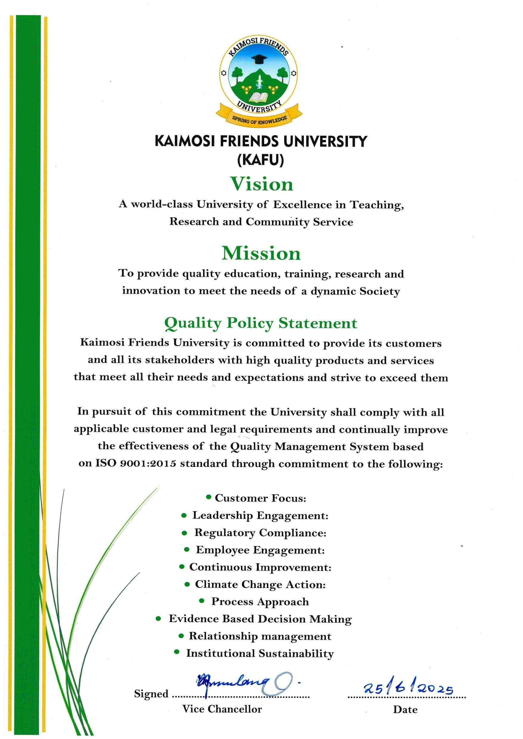 KAFU QUALITY POLICY STATEMENT