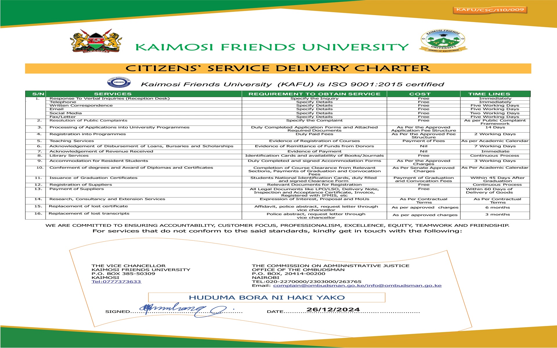 Kaimosi Friends University Service Charter Approved